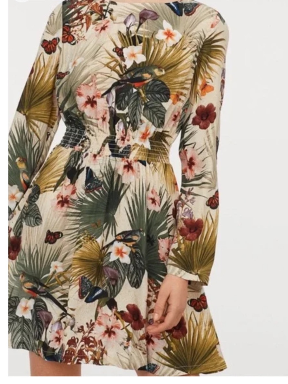 H&M Cream Tropical Floral Long-Sleeve Mini Dress Size 6